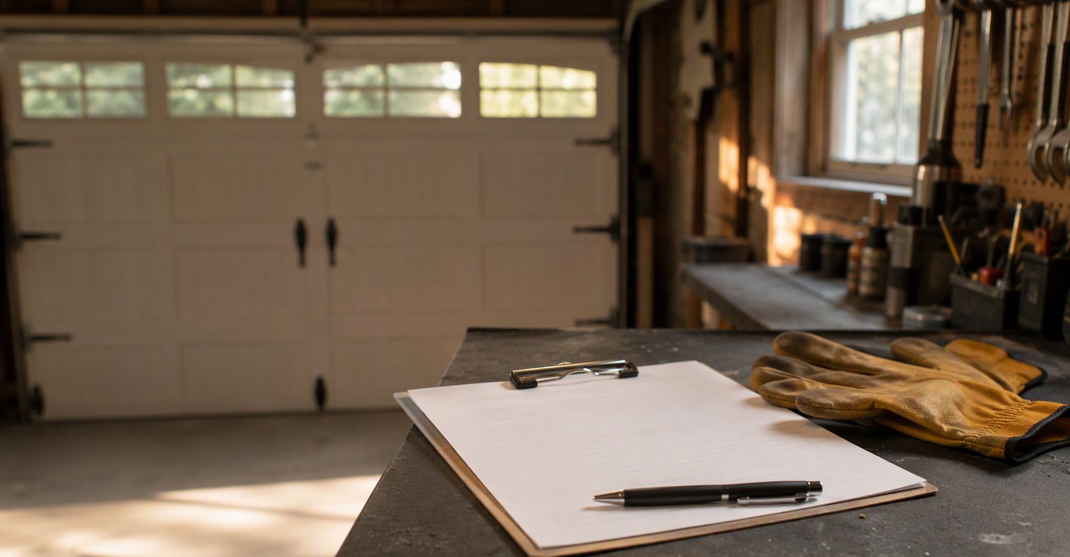 Clipboard with a pen and work gloves resting on a workbench in a garage