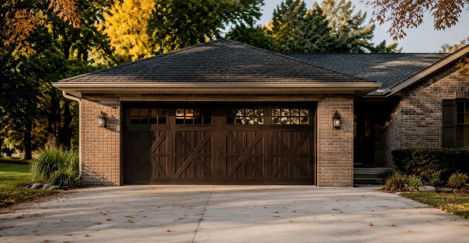 Carriage-style garage door on a brick home framed by autumn maple leaves