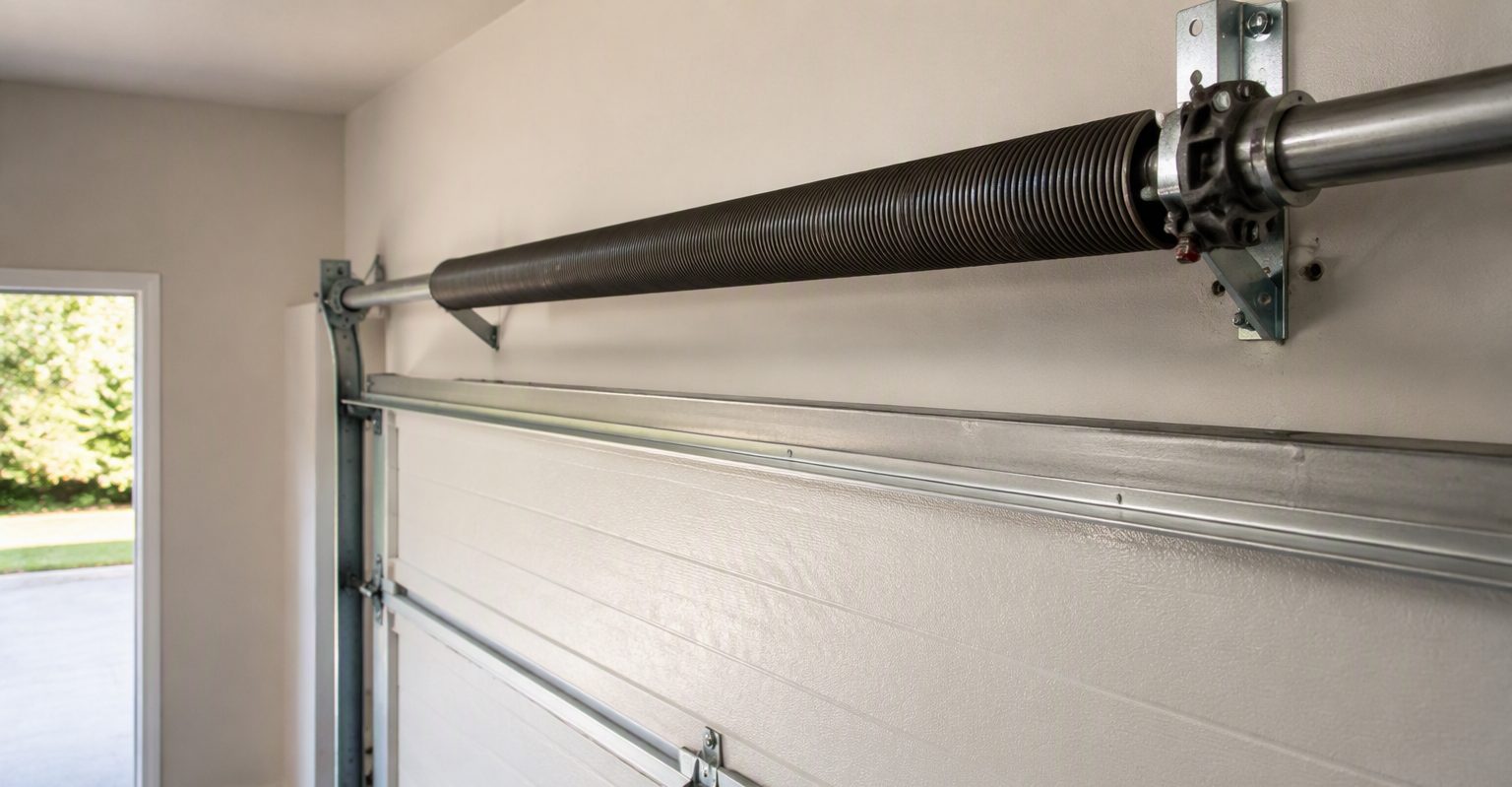 Torsion spring and shaft mounted above a white garage door inside a residential garage
