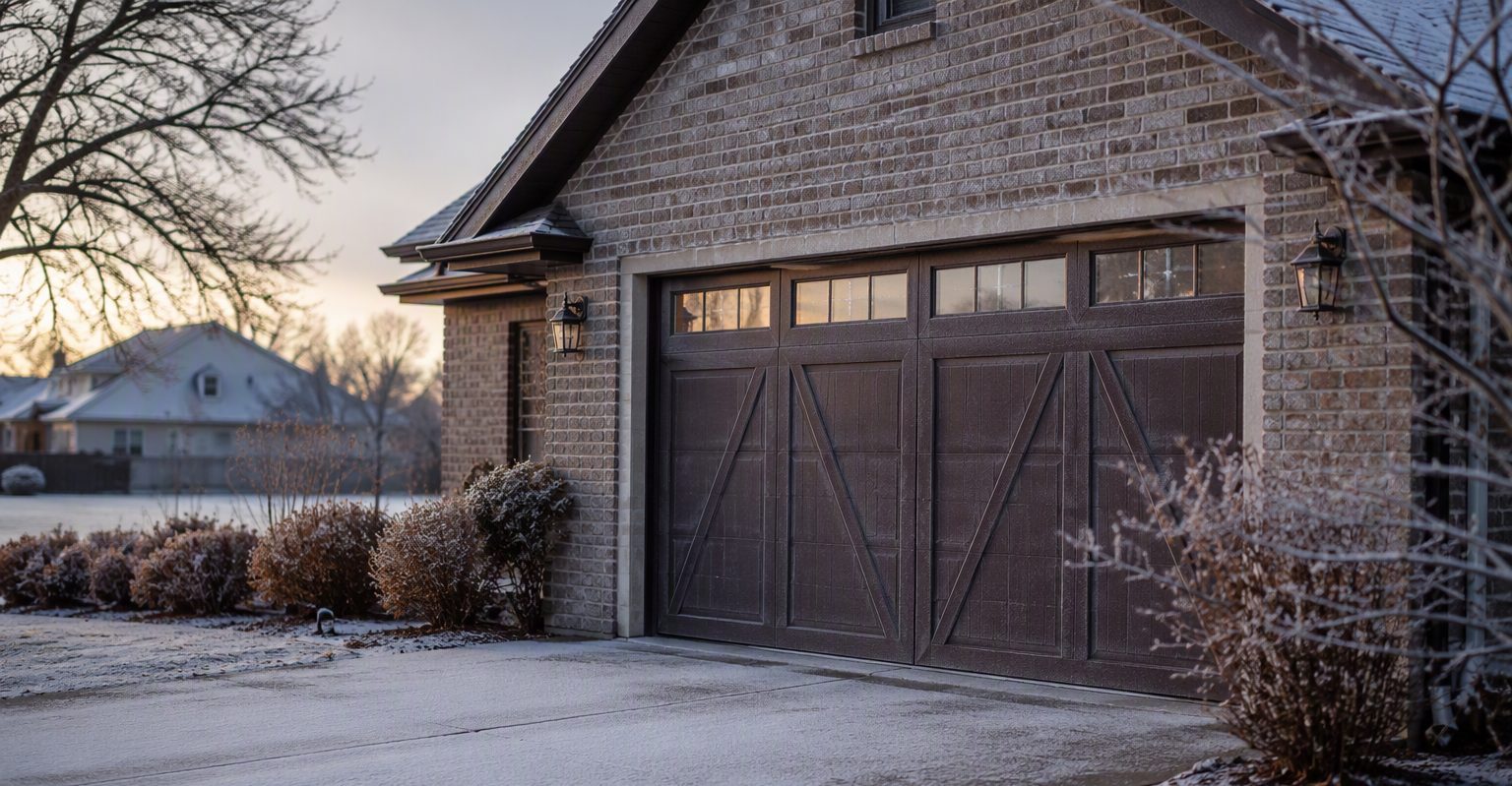 Frost-covered garage door of a brick home on a pale January morning