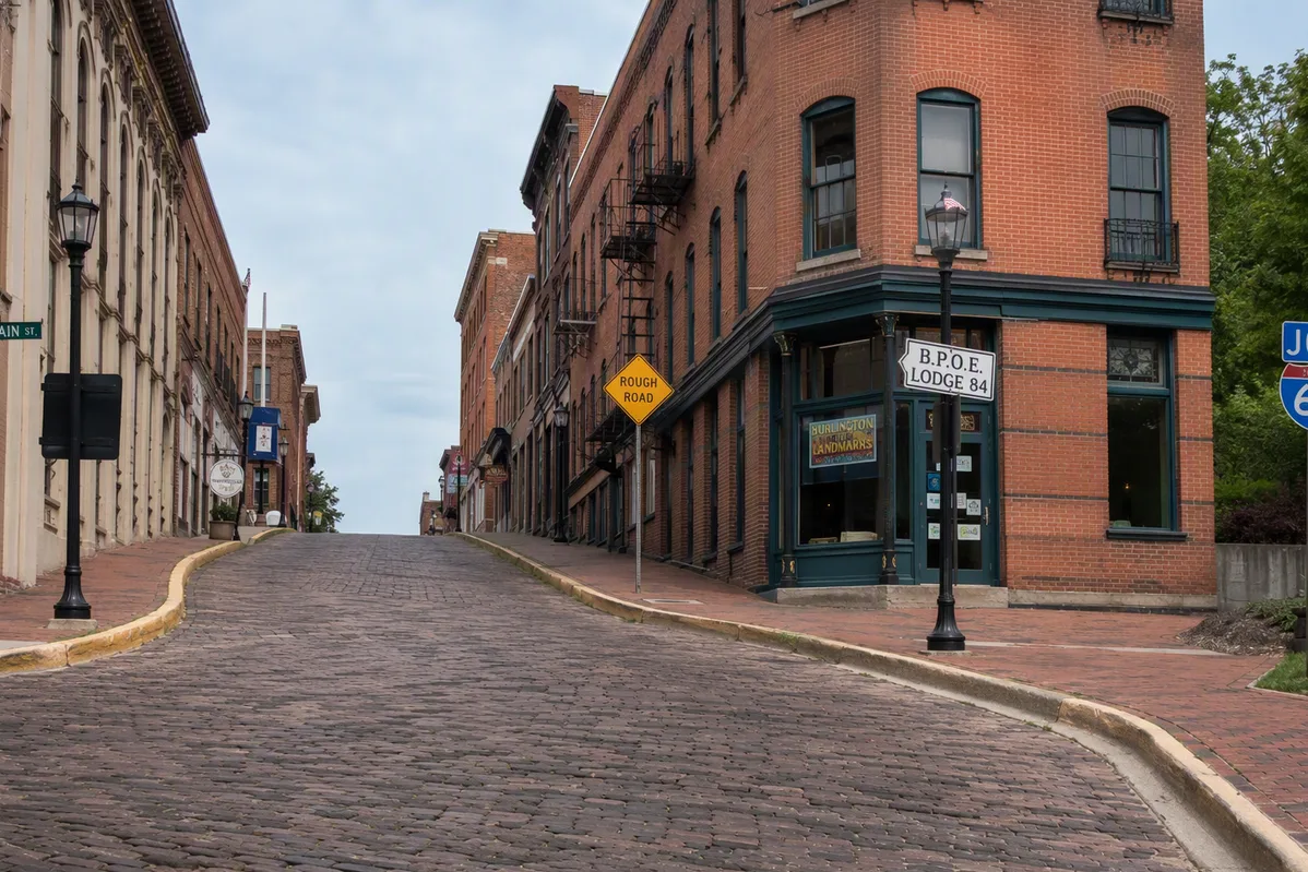 Snake Alley and the Mississippi riverfront in downtown Burlington